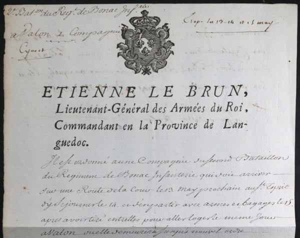 1749 lettre Étienne Le Brun, Commandant Languedoc, régiment de Bonac