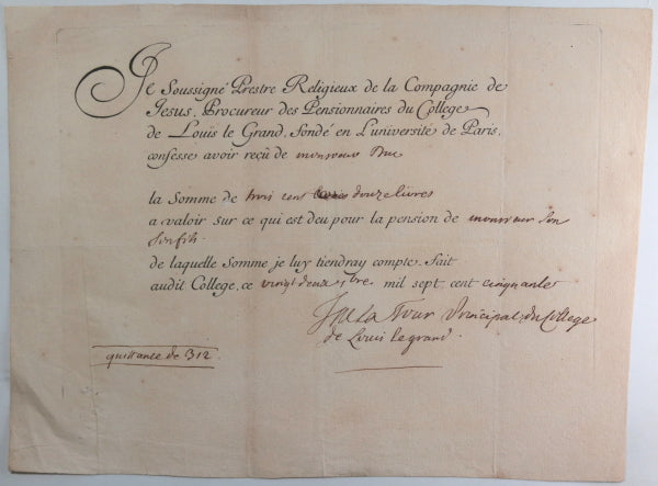 1750 quittance du Collège de Louis le Grand (Paris), signé De La Tour