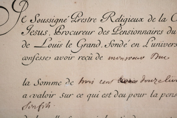 1750 quittance du Collège de Louis le Grand (Paris), signé De La Tour