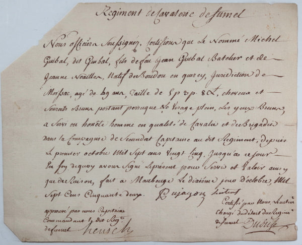 1751 certificat de service pour Guibal, cavalier Régiment de Fumel
