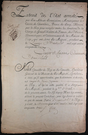1752 Certificat en faveur d'un ecuyer de cuisine commun de Louis XV