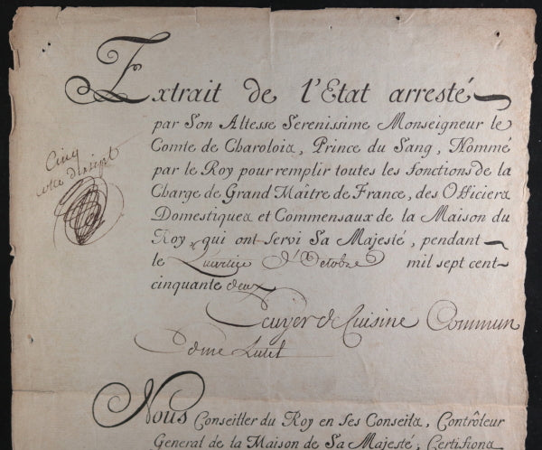 1752 Certificat en faveur d'un ecuyer de cuisine commun de Louis XV