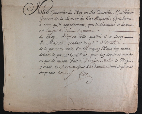 1752 Certificat en faveur d'un ecuyer de cuisine commun de Louis XV