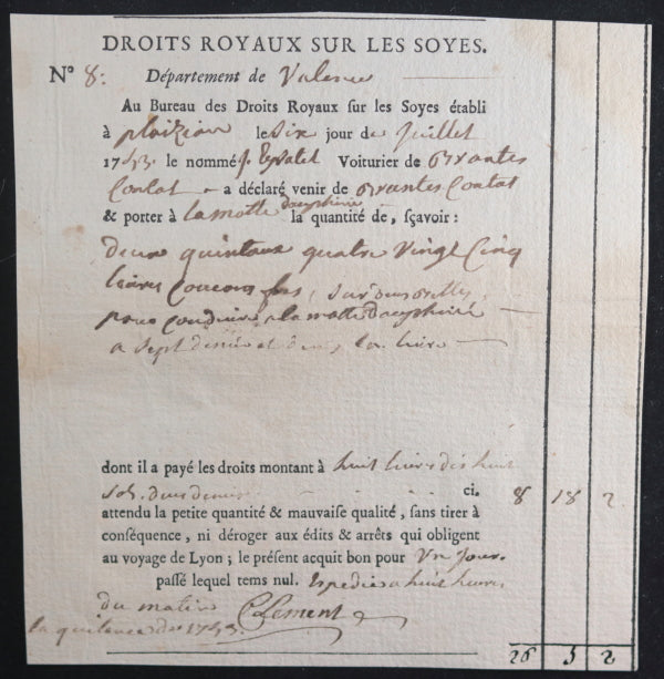 175354 lot 2 quittances, droits royaux sur transport soies (Dauphiné)