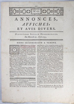 1753 Paris journal ‘Annonces, Affiches, et Avis Divers’