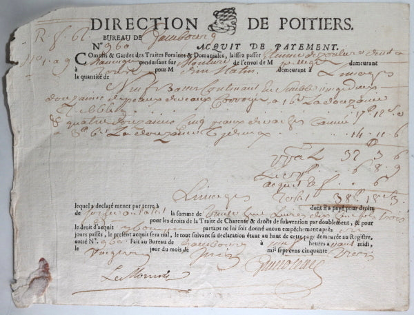 1753 Poitiers acquit de paiement, livraison voiture de Tours à Limoges