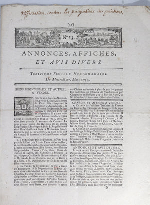 1754 Paris journal ‘Annonces, Affiches, et Avis Divers’ No. 13