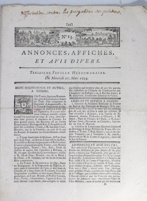 1754 Paris journal ‘Annonces, Affiches, et Avis Divers’ No. 13 1754 Paris journal ‘Annonces, Affiches, et Avis Divers’ No. 13