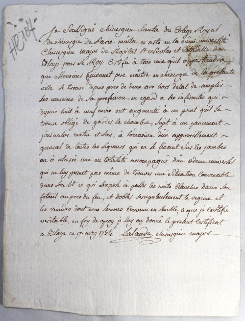 1754 certificat de santé pour un chirurgien Blaye (Gironde) 1754 certificat de santé pour un chirurgien Blaye (Gironde)