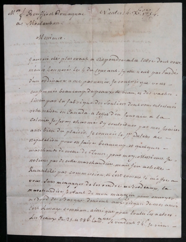1754 lettre négotiant Rouffio à Montauban, peaux pour souliers Canada