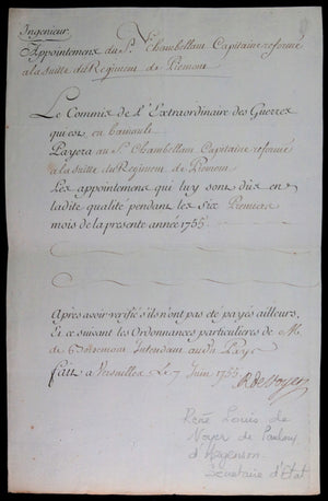 1755 Régiment de Piémont appointements, de Voyer marquis de Paulmy
