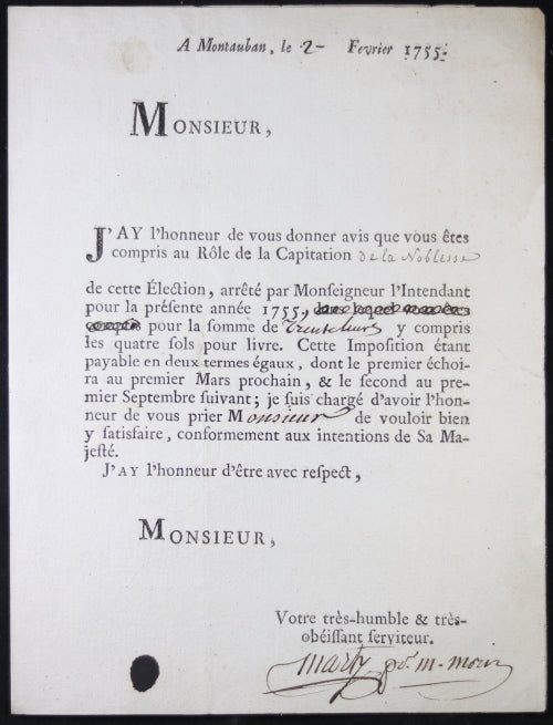 1755 Montauban, capitation d’un noble à Cayrac