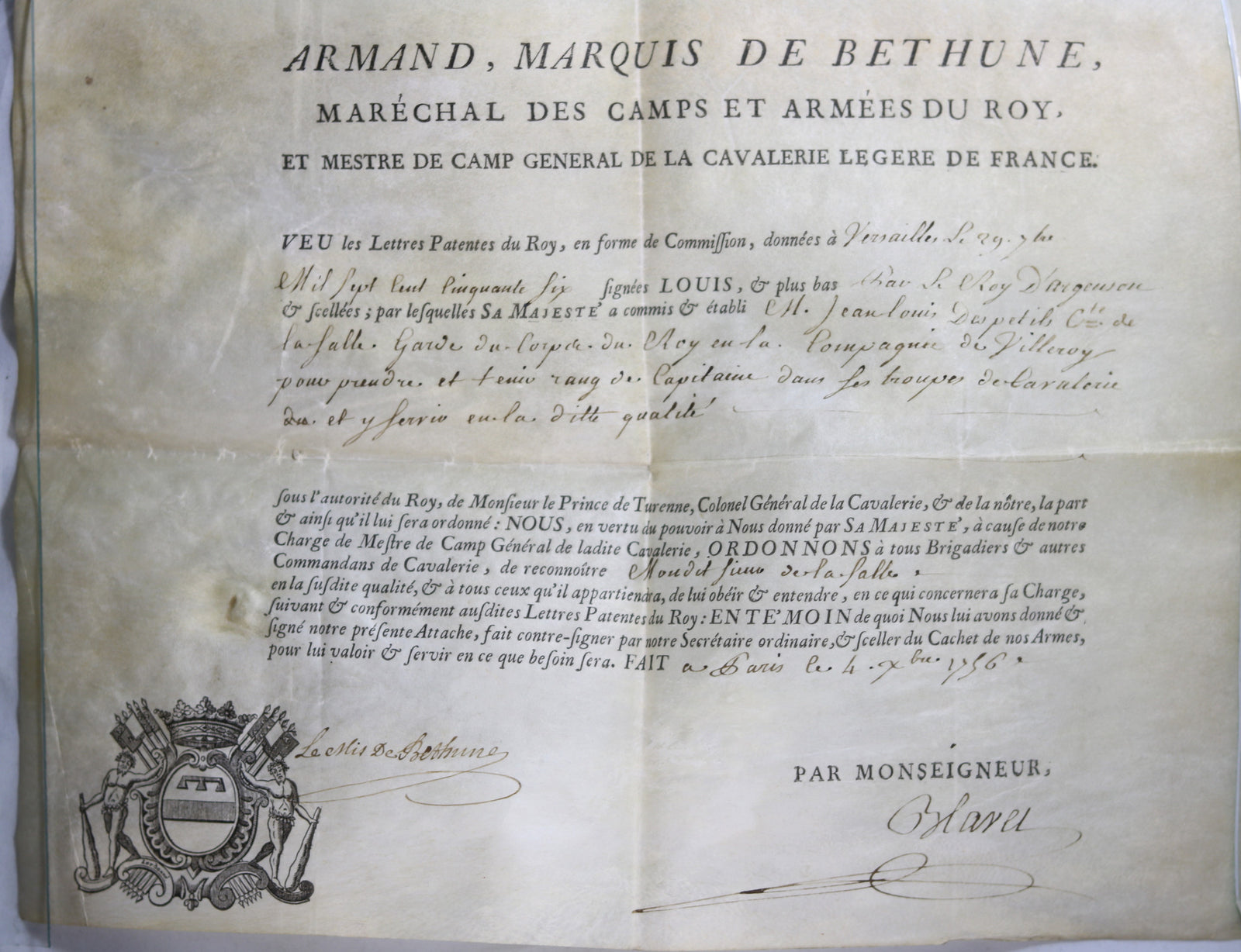 1756 Marquis Bethune, nomination pour Garde de Corps du Roi (Louis XV)