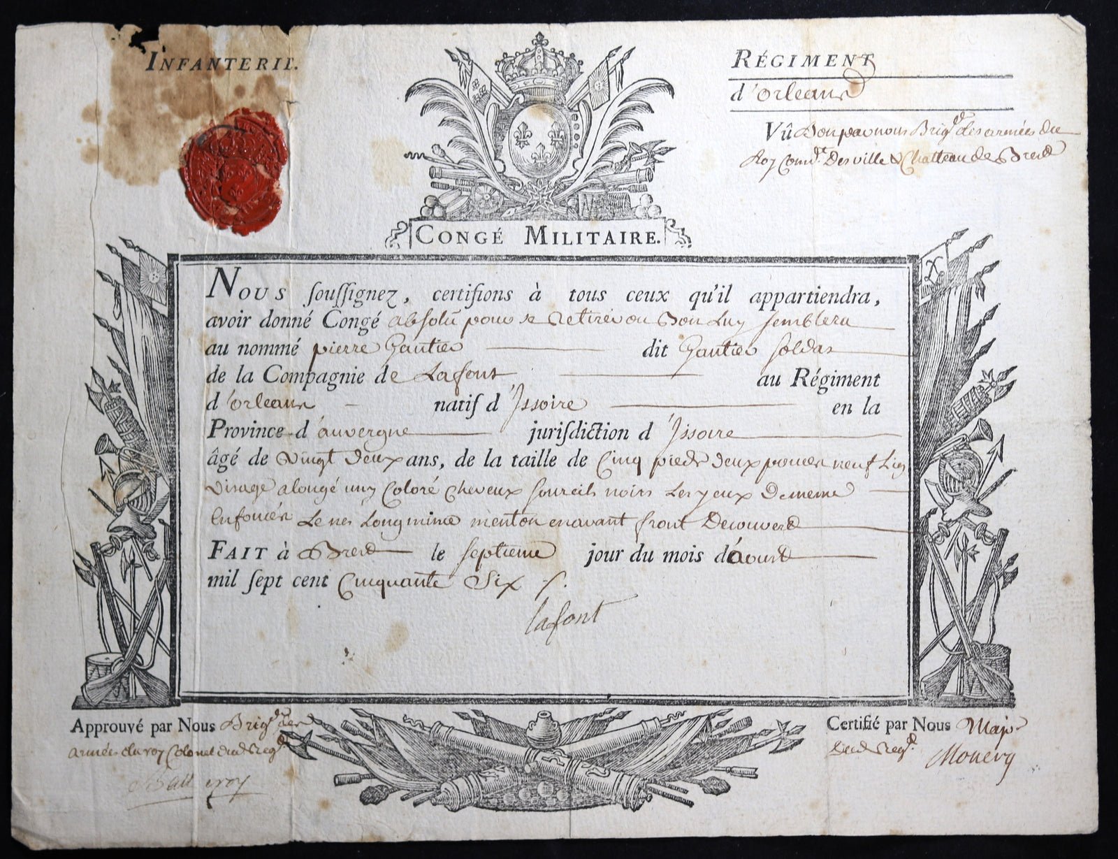 1756 congé soldat régiment d'Orleans. signature un noble guillotiné 1794