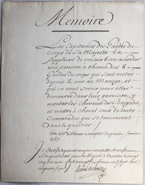 1756 pension Gardes du Corps Louis XV, approuvé par Mal. de Noailles