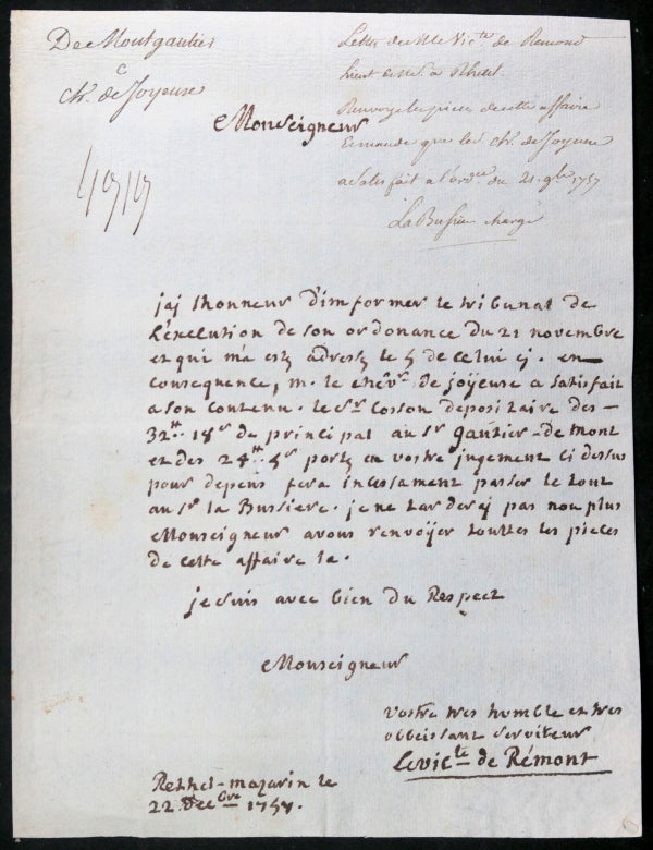 1757 France deux lettres Vicomte de Rémont, procès de M. Montgautier