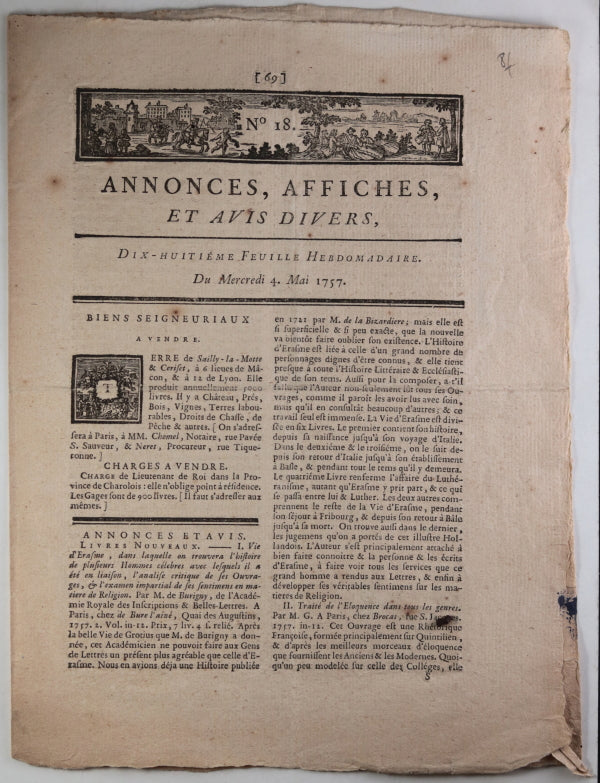 1757 Paris journal ‘Annonces, Affiches, et Avis Divers’ No. 18