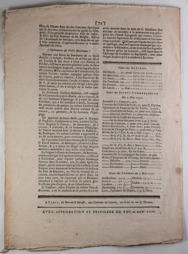 1757 Paris journal ‘Annonces, Affiches, et Avis Divers’ No. 18
