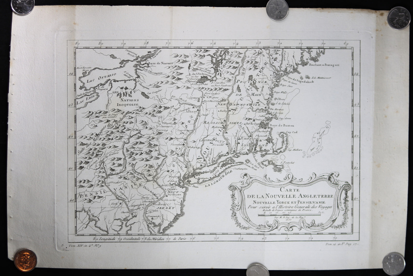 1757 Bellin map of New England, NY, PA