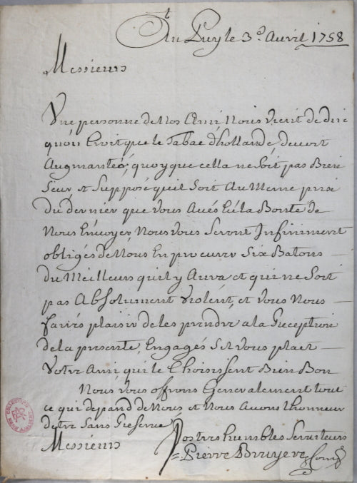 1758 lettre de Puy sur achat de tabac d’Hollande