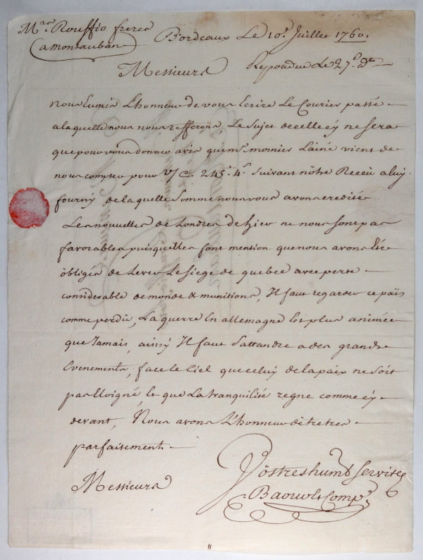 1760 lettre négociant de Bordeaux à un de Montauban, siège de Québec