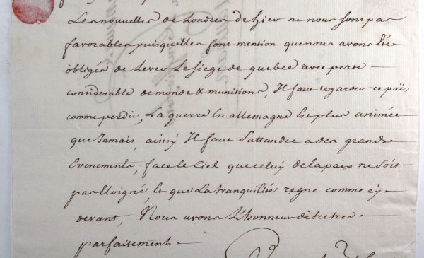 1760 lettre négociant de Bordeaux à un de Montauban, siège de Québec