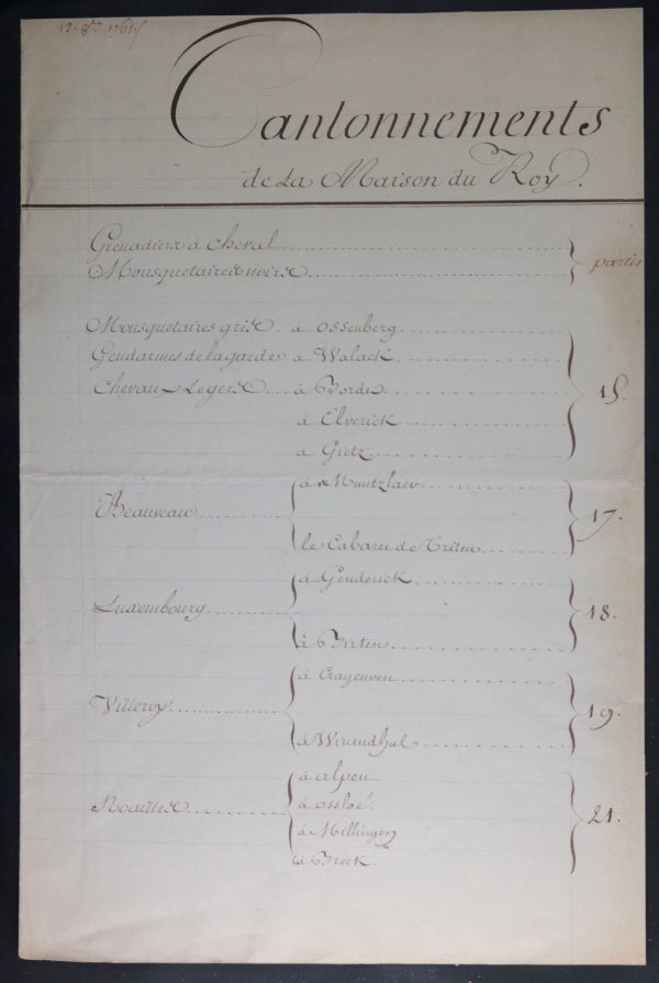 1761 cantonnements troupes Maison du Roy, Guerre Sept Ans