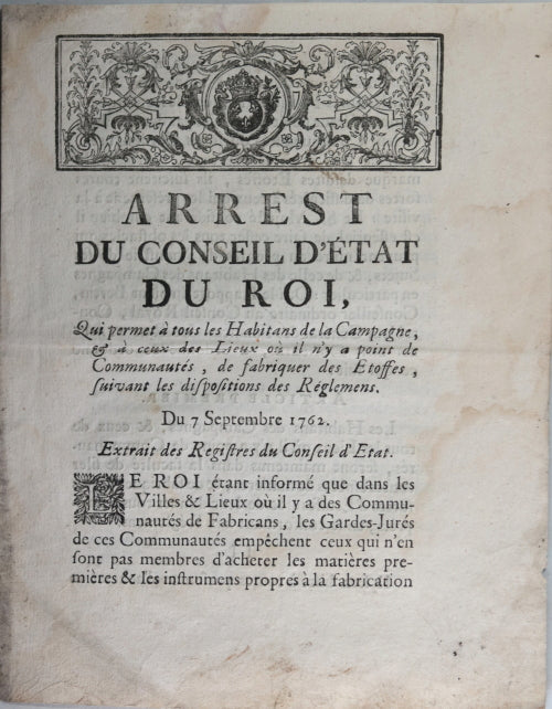 1762 arrêt du roi Louis XV sur fabrication des étoffes 1762 arrêt du roi Louis XV sur fabrication des étoffes