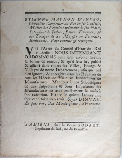 1762 arrêt du roi Louis XV sur fabrication des étoffes