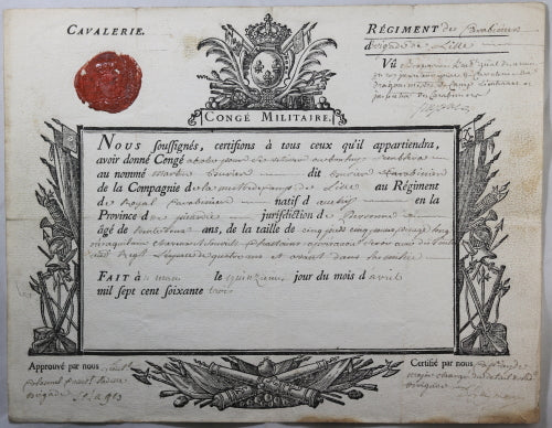 1763 congé soldat Cavalerie - régiment Carabiniers Brigade de Lille