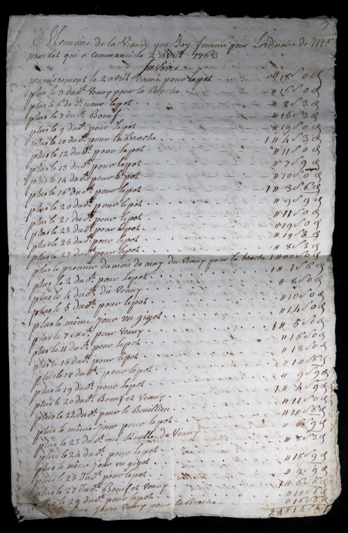 1763 mémoire de viande fournit à M. Merlet (Blaye Gironde)