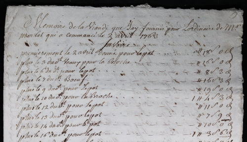 1763 mémoire de viande fournit à M. Merlet (Blaye Gironde)