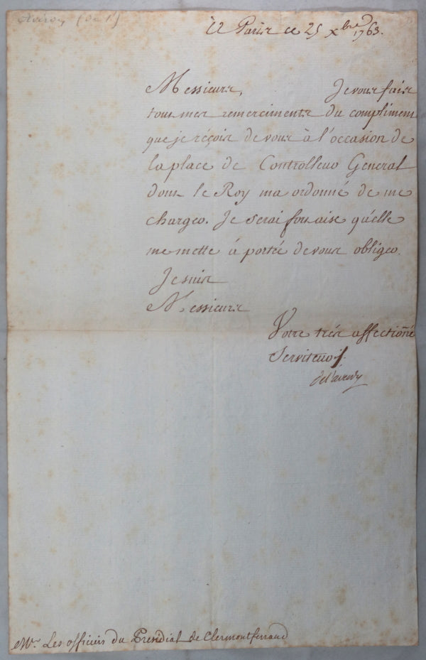 1763 lettre L'Averdy contrôleur général finances Louis XV (guillotiné)