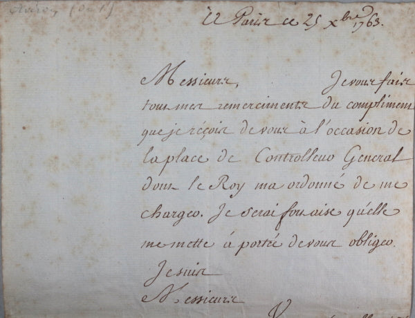 1763 lettre L'Averdy contrôleur général finances Louis XV (guillotiné)