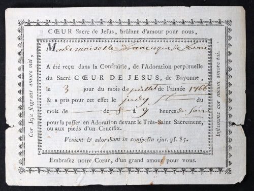 1766 passe pour entré au Confrairie de Bayonne pour adoration