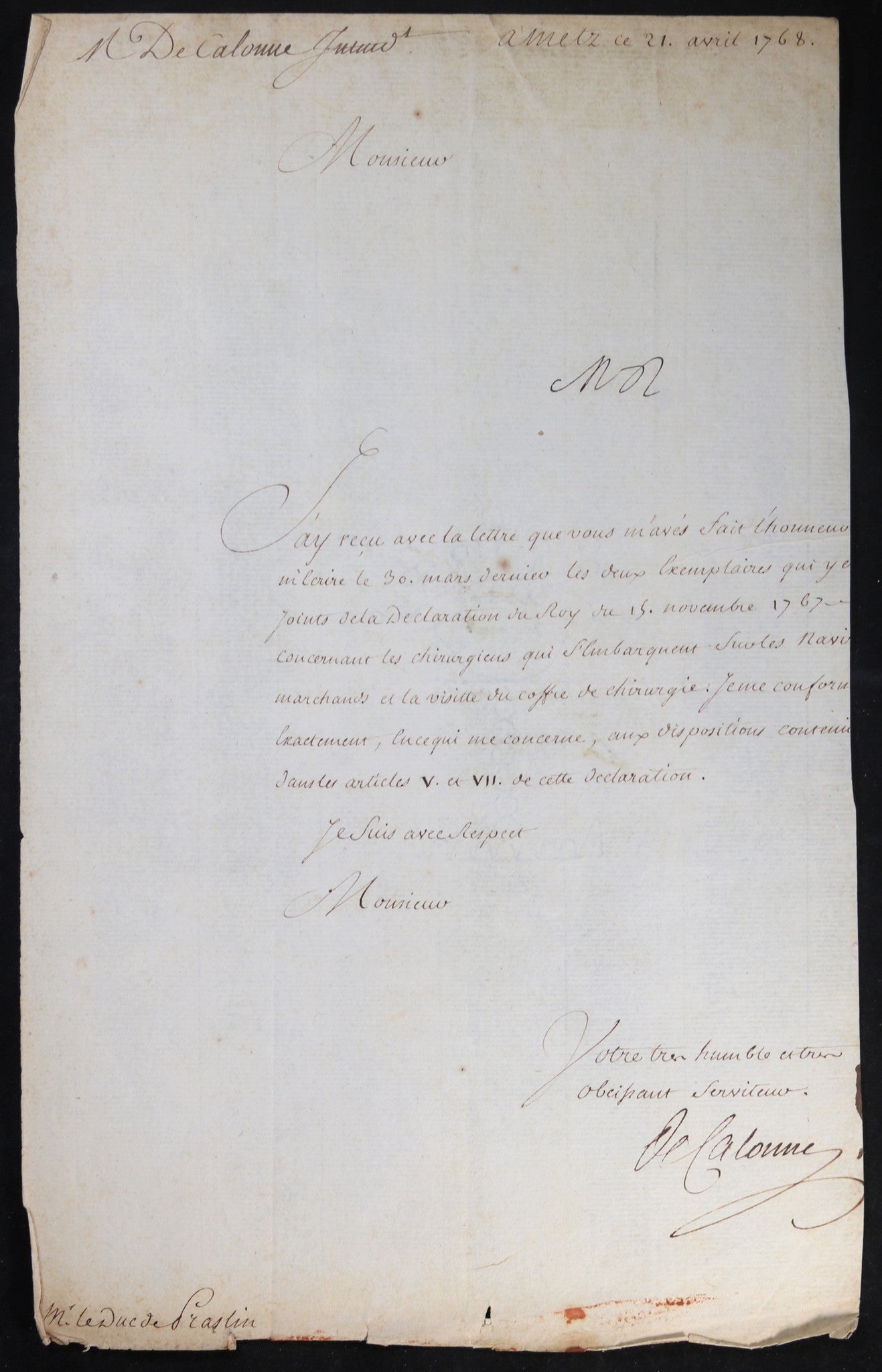 1768 lettre De Calonne au Duc de Praslin, sur chirurgiens du marine