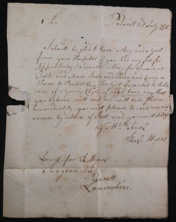 1771 UK letter to Foundling Hospital London, 2 children apprentices