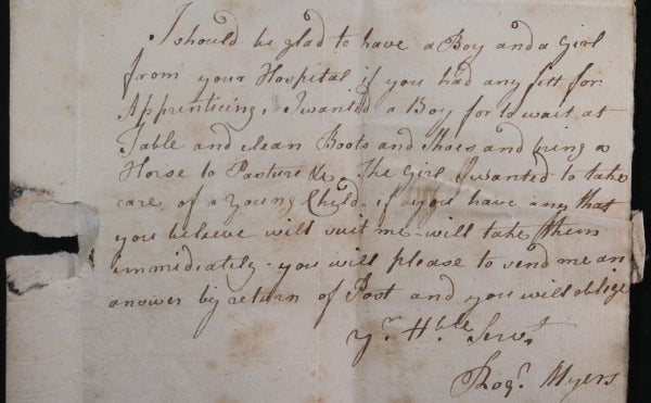 1771 UK letter to Foundling Hospital London, 2 children apprentices