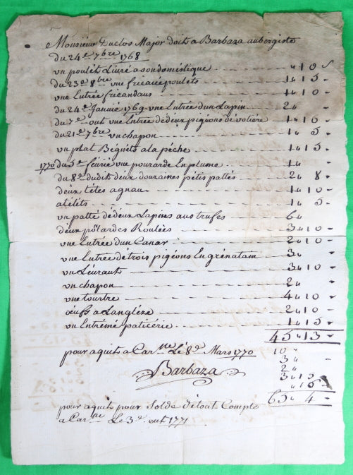 1771 Carcassonne quittance d’un aubergiste pour Major Duclos