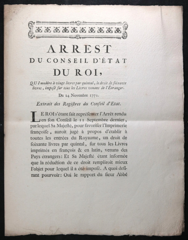 1771 arrêt du conseil d’état Louis XV, droit sur livres de l’étranger