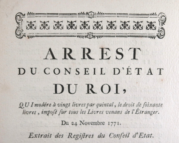 1771 arrêt du conseil d’état Louis XV, droit sur livres de l’étranger