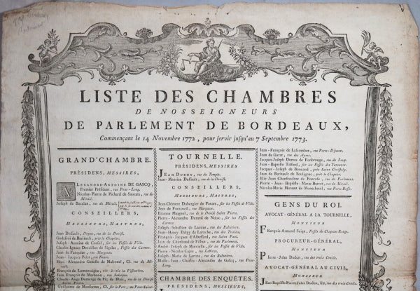 1772 grande affiche ‘Liste des Chambres de Parlement de Bordeaux’