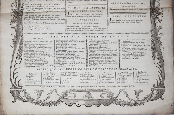 1772 grande affiche ‘Liste des Chambres de Parlement de Bordeaux’