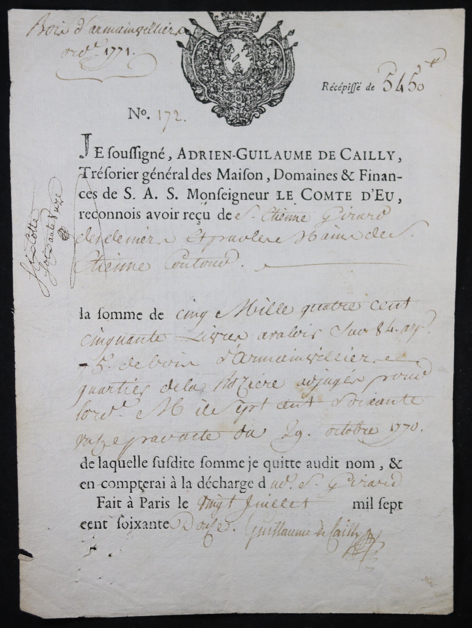 1772 quittance du Trésorier de S.A.S Monseigneur le Comte d’Eu