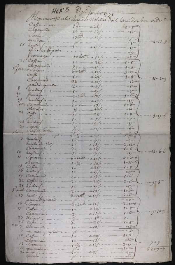 1772 quittance pour épiceries vendus à M. Merlet, Blaye (Gironde)