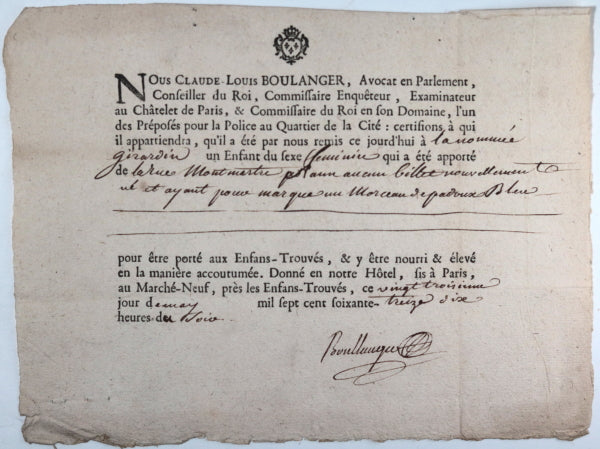 1773 Paris certificat Enfant-Trouvé, pour une fille au rue Monmartre