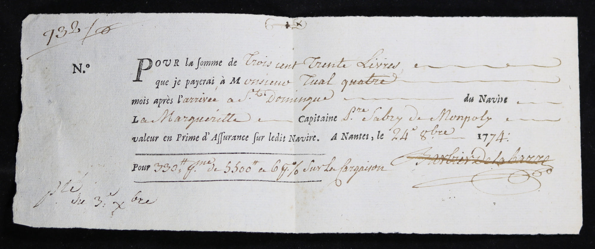 1774 Saint-Domingue - prime d'assurance sur cargaison