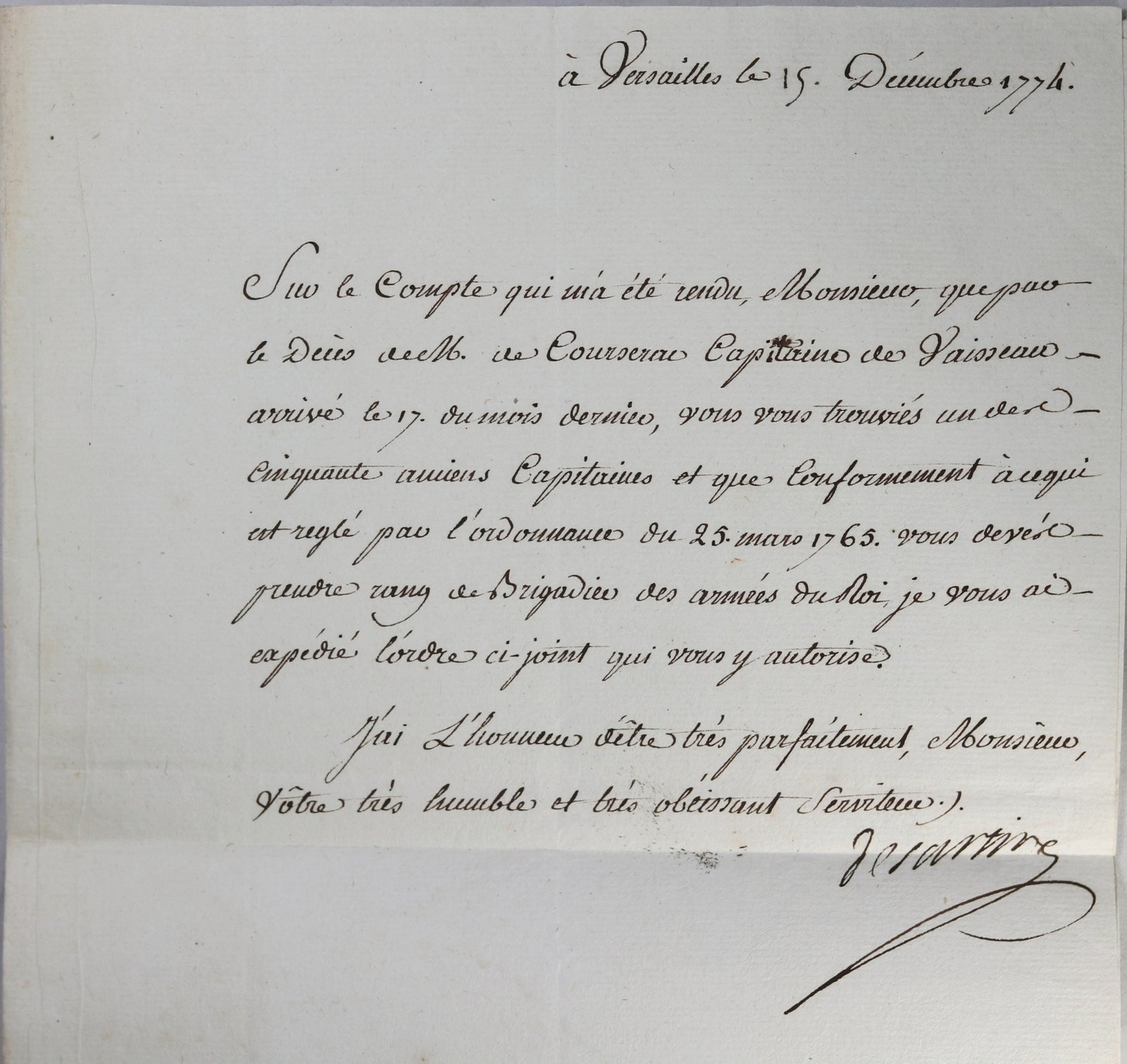 1774 lettre de Sartine au Capitaine de Vaisseau Ch. de Monteil