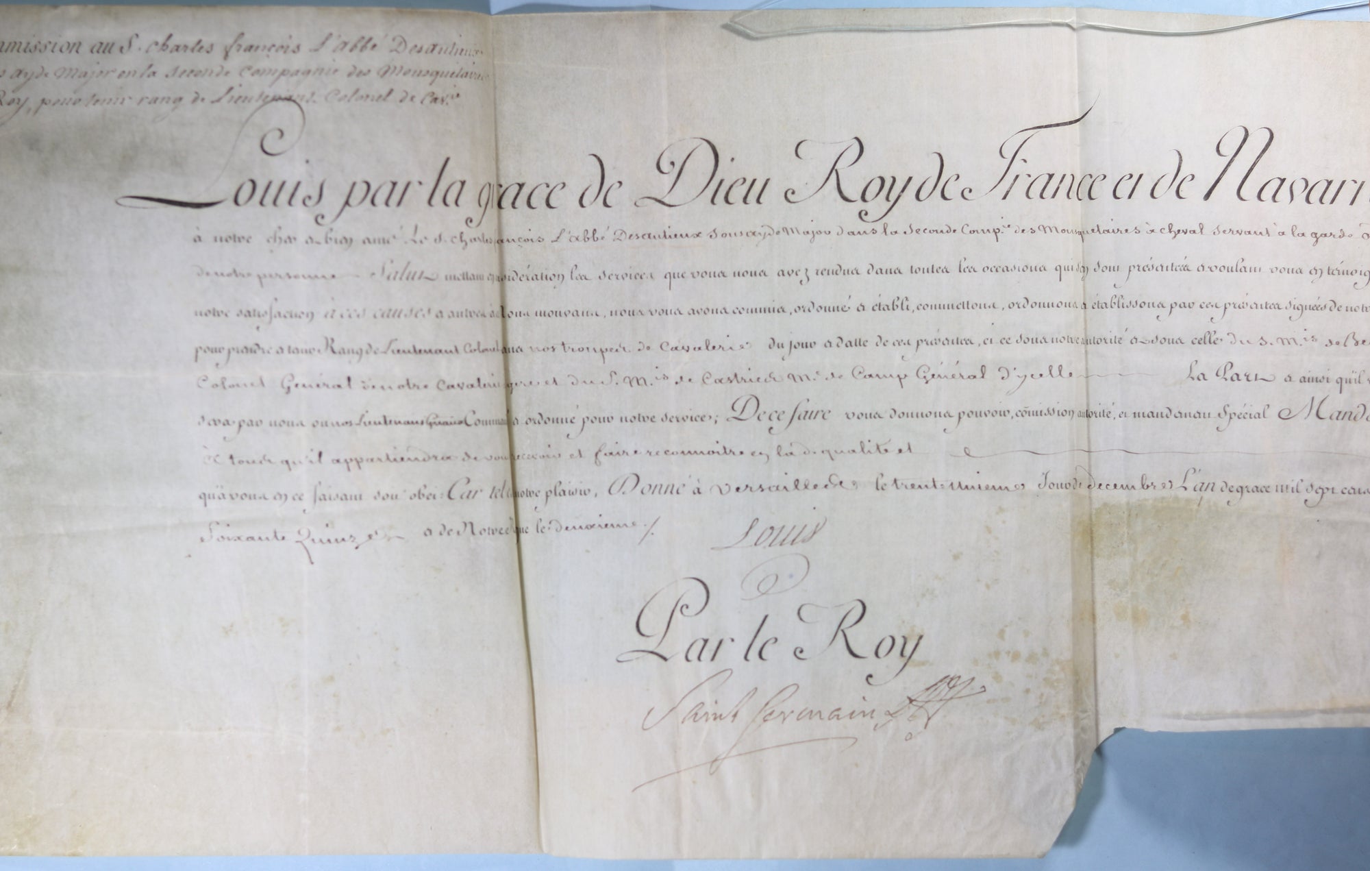 1775 commission Lieut. Colonel Cavalerie, signé Louis & Saint Germain