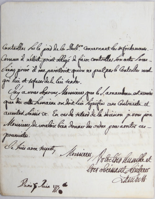 1775 lettre de Lambert, sera contrôleur général des finances Louis XVI